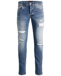 blaue enge Jeans mit Destroyed-Effekten von Jack & Jones