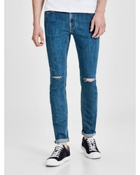 blaue enge Jeans mit Destroyed-Effekten von Jack & Jones