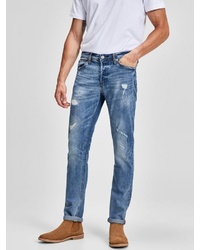 blaue enge Jeans mit Destroyed-Effekten von Jack & Jones