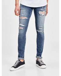 blaue enge Jeans mit Destroyed-Effekten von Jack & Jones