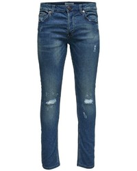 blaue enge Jeans mit Destroyed-Effekten von ONLY & SONS