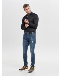 blaue enge Jeans mit Destroyed-Effekten von ONLY & SONS