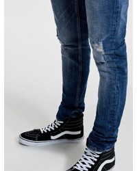 blaue enge Jeans mit Destroyed-Effekten von ONLY & SONS