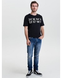 blaue enge Jeans mit Destroyed-Effekten von ONLY & SONS