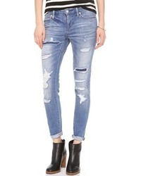 blaue enge Jeans mit Destroyed-Effekten von Paper Denim