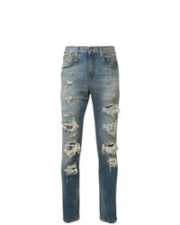 blaue enge Jeans mit Destroyed-Effekten von R13