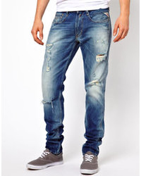 blaue enge Jeans mit Destroyed-Effekten von Replay
