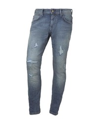 blaue enge Jeans mit Destroyed-Effekten von Tom Tailor Denim