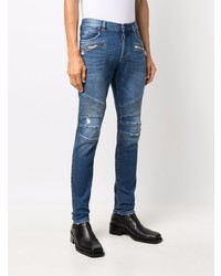 blaue enge Jeans mit Destroyed-Effekten von Balmain