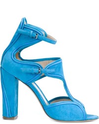 blaue klobige Pelz Sandaletten von Monique Lhuillier