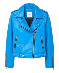 blaue Leder Bikerjacke von Mango