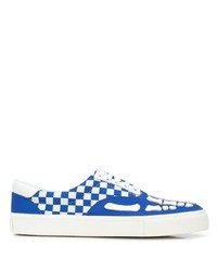 blaue Leder niedrige Sneakers mit Karomuster