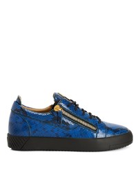 blaue Leder niedrige Sneakers mit Schlangenmuster von Giuseppe Zanotti