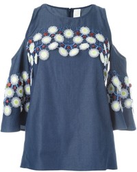 blaue Spitze Bluse mit Blumenmuster