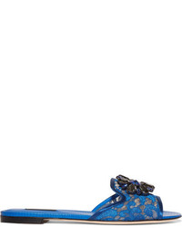 blaue verzierte flache Sandalen aus Leder