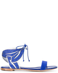 blaue verzierte flache Sandalen aus Leder von Casadei