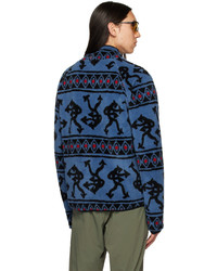 blauer bedruckter Fleece-Pullover mit einem Reißverschluß von District Vision
