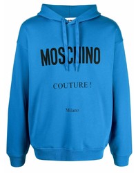 blauer bedruckter Pullover mit einem Kapuze von Moschino
