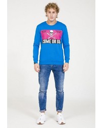 blauer bedruckter Pullover mit einem Rundhalsausschnitt von PLUS EIGHTEEN