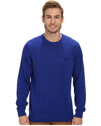 blauer bestickter Pullover mit einem Rundhalsausschnitt