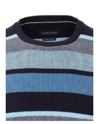 blauer horizontal gestreifter Pullover mit einem Rundhalsausschnitt von Casamoda