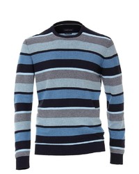 blauer horizontal gestreifter Pullover mit einem Rundhalsausschnitt von Casamoda