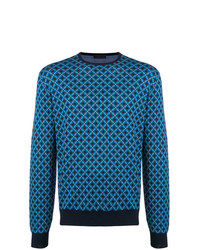 blauer Pullover mit einem Rundhalsausschnitt mit geometrischem Muster von Prada