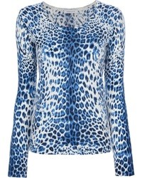 blauer Pullover mit einem Rundhalsausschnitt mit Leopardenmuster