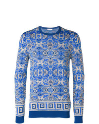 blauer Pullover mit einem Rundhalsausschnitt mit Paisley-Muster von Versace Collection