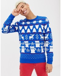 blauer Pullover mit einem Rundhalsausschnitt mit Weihnachten Muster von Burton Menswear