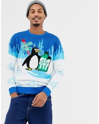blauer Pullover mit einem Rundhalsausschnitt mit Weihnachten Muster von Threadbare