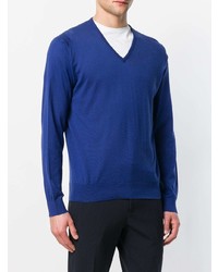 blauer Pullover mit einem V-Ausschnitt von John Smedley