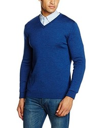 blauer Pullover mit einem V-Ausschnitt von Paul James Knitwear