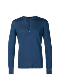 blauer Strick Henley-Pullover