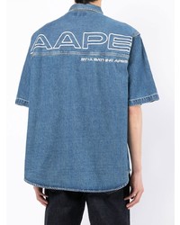 blaues bedrucktes Jeans Kurzarmhemd von AAPE BY A BATHING APE