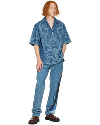blaues bedrucktes Jeans Kurzarmhemd von Versace