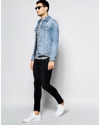 blaues bedrucktes Jeans Kurzarmhemd von Asos
