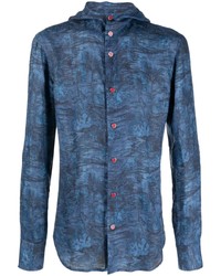 blaues bedrucktes Leinen Langarmhemd von Kiton