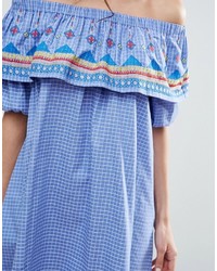 blaues bedrucktes schulterfreies Kleid von Asos