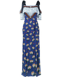 blaues bedrucktes schulterfreies Kleid von Mary Katrantzou