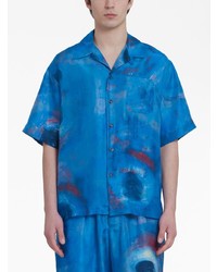 blaues bedrucktes Seide Kurzarmhemd von Marni