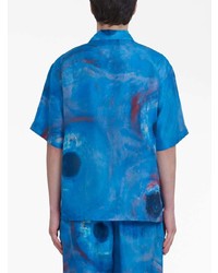 blaues bedrucktes Seide Kurzarmhemd von Marni