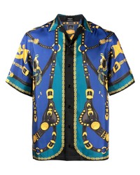 blaues bedrucktes Seide Kurzarmhemd von Versace
