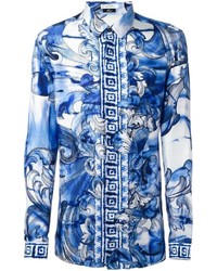 blaues bedrucktes Seidehemd von Versace