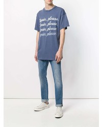 blaues bedrucktes T-Shirt mit einem Rundhalsausschnitt von Mirror By Paura