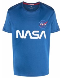 blaues bedrucktes T-Shirt mit einem Rundhalsausschnitt von Alpha Industries