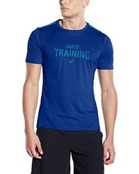 blaues bedrucktes T-Shirt mit einem Rundhalsausschnitt von Asics