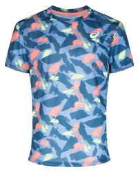 blaues bedrucktes T-Shirt mit einem Rundhalsausschnitt von Asics