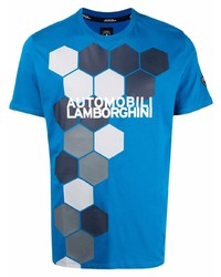blaues bedrucktes T-Shirt mit einem Rundhalsausschnitt von Automobili Lamborghini