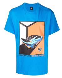 blaues bedrucktes T-Shirt mit einem Rundhalsausschnitt von Automobili Lamborghini